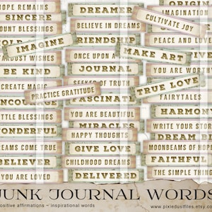 Parole di diario spazzatura, citazioni, etichette stampabili, affermazioni positive, citazioni, forniture per il diario, effimero digitale, foglio di collage, album di ritagli