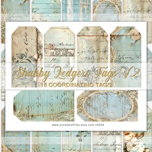 May include: A set of 18 coordinating digital scrapbook paper tags in a shabby chic style. The tags feature a blue and white color scheme with handwritten text, floral designs, and lace accents. The text on the tags includes "Shabby Ledgers Tags V.2" and "18 Coordinating Tags".
