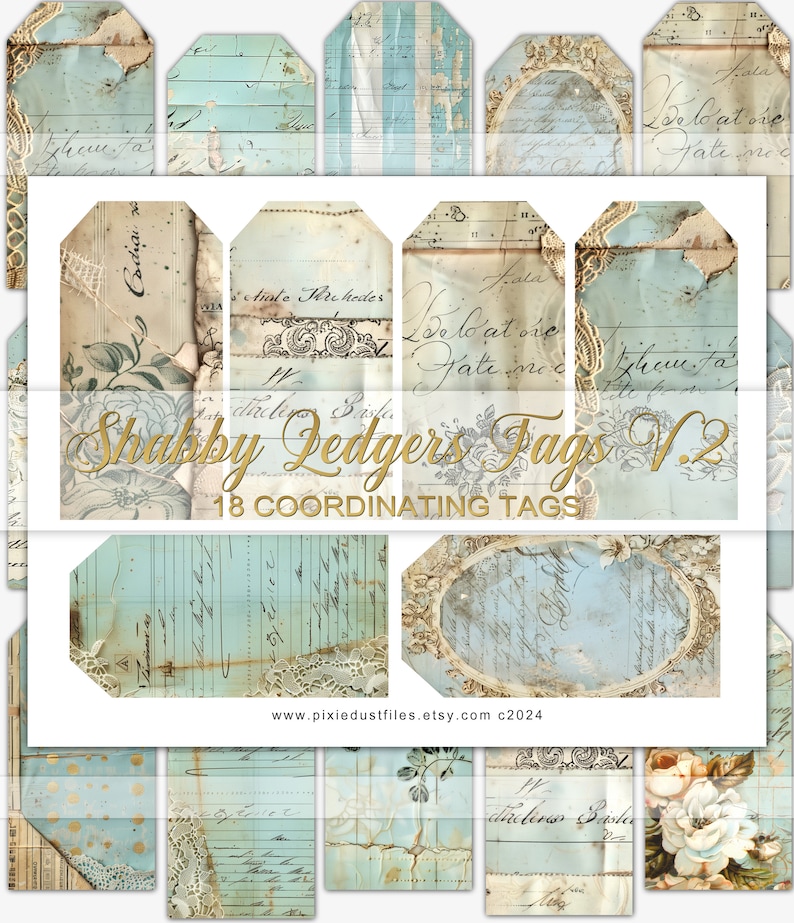 May include: A set of 18 coordinating digital scrapbook paper tags in a shabby chic style. The tags feature a blue and white color scheme with handwritten text, floral designs, and lace accents. The text on the tags includes "Shabby Ledgers Tags V.2" and "18 Coordinating Tags".