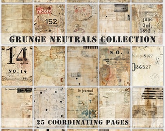 Utskrivbar grunge skräpjournal Utskrivbara papper, neutrala färger, journalsidor, digital nedladdning, scrapbookingpapper, slumptal, vintagepapper