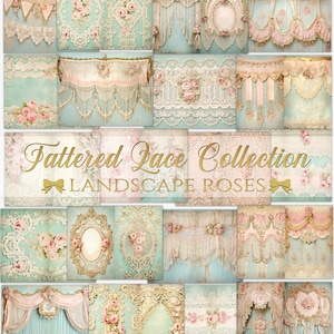 Roses Tattered Lace afdrukbaar papier, liggend opvouwbare junk journal-pagina's, digitale ephemera, shabby chic papier, scrapbooking, kaarten maken