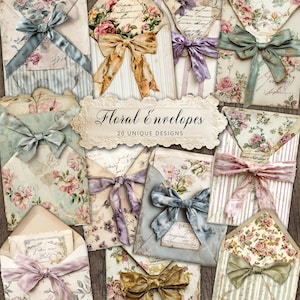 Puede incluir: Una colección de sobres florales vintage con lazos decorativos. Los sobres presentan varios patrones florales, colores pastel suaves y detalles manuscritos. La imagen incluye un letrero que dice "Floral Envelopes, 20 Unique Designs."
