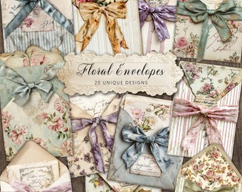 Floral Envelopes, Printable Junk Journal Kit, Vintage Paper Journaling Tags (DIGITAL DOWNLOAD)