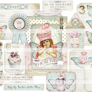 May include: A digital scrapbook paper kit with a whimsical cupcake fairy theme. The kit includes images of cupcakes, butterflies, and a fairy with wings. The text "Cupcake Fairy" is featured on one of the papers. The kit also includes a recipe card, a "C is for Cupcake" card, and a "Life without dreams is like a cupcake without sprinkles" card.