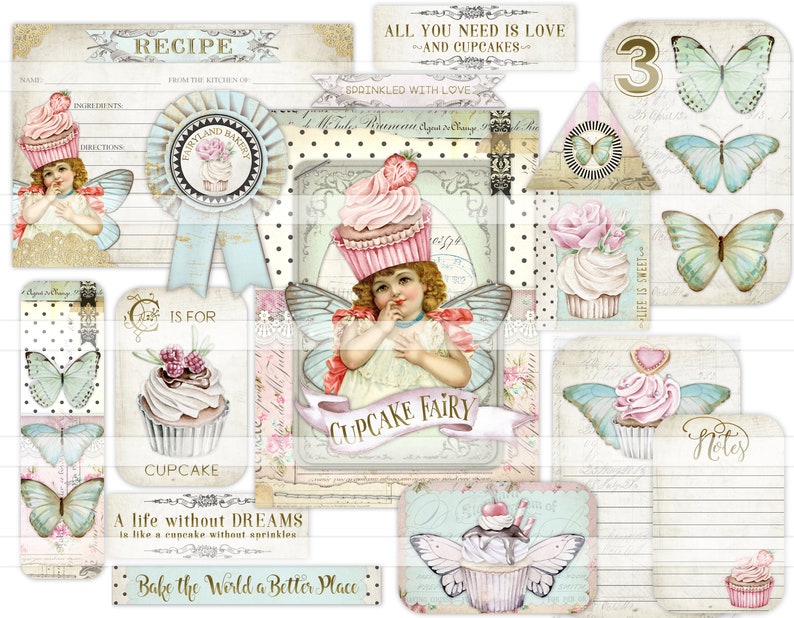 May include: A digital scrapbook paper kit with a whimsical cupcake fairy theme. The kit includes images of cupcakes, butterflies, and a fairy with wings. The text "Cupcake Fairy" is featured on one of the papers. The kit also includes a recipe card, a "C is for Cupcake" card, and a "Life without dreams is like a cupcake without sprinkles" card.