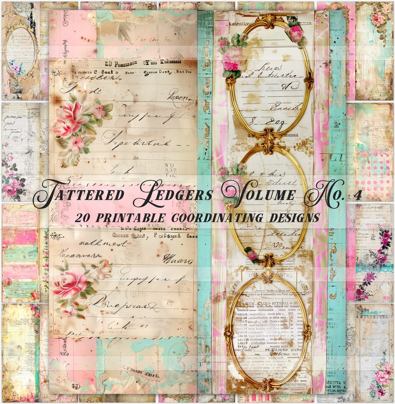 Printable Tattered Antique Ledger Papers, Pink Junk Journal Pages ...