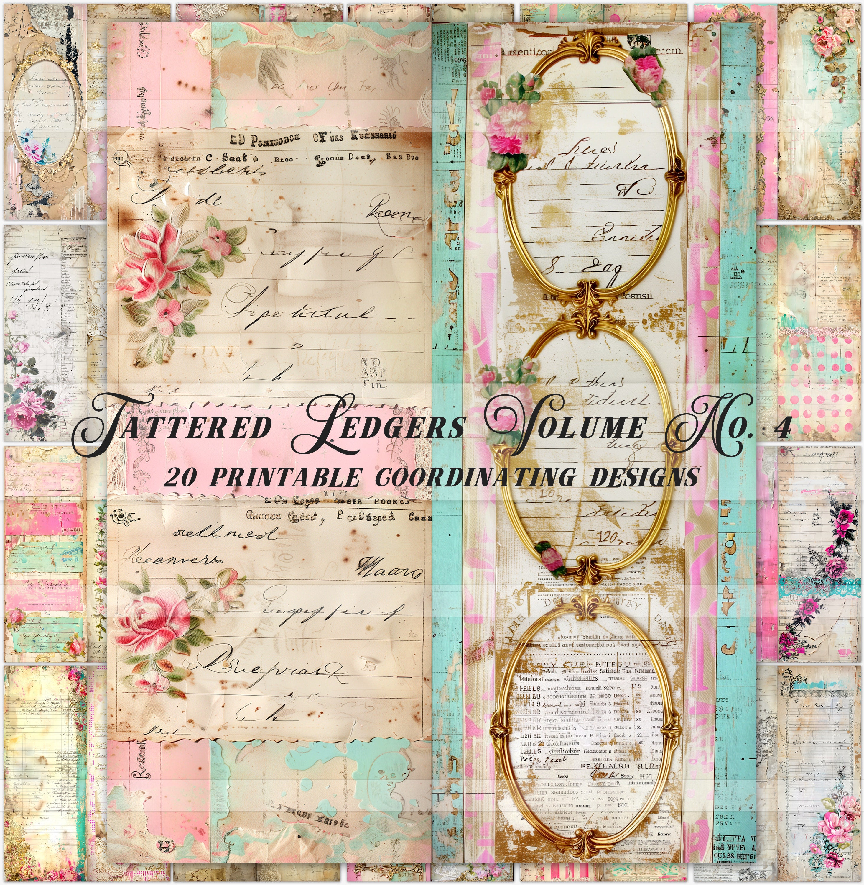 Printable Tattered Antique Ledger Papers, Pink Junk Journal Pages ...
