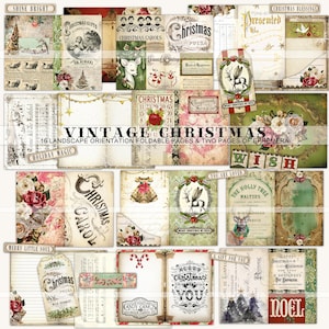 Vintage Christmas Junk Journal Kit, landscape orientation printable foldable journal pages, Christmas, scrapbook digital paper, red green