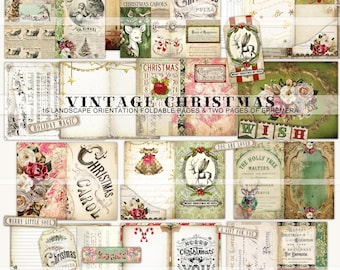 Vintage Christmas Junk Journal Kit, landscape orientation printable foldable journal pages, Christmas, scrapbook digital paper, red green