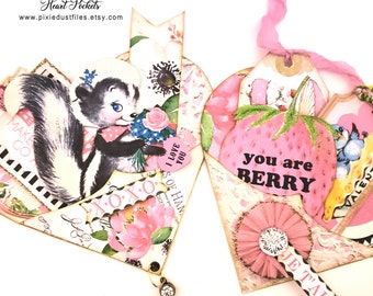 Valentine's Day Junk Journal hearts pockets, printable Valentines kit, diy valentines day cards, junk journal supplies, ephemera, retro card