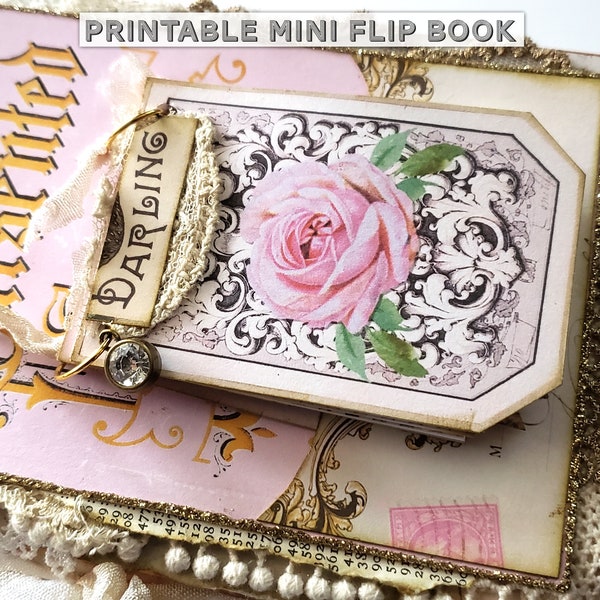 printable mini flipbook junk journal ephemera supplies collage sheet miniature book notebook digital vintage papers roses stamp book art