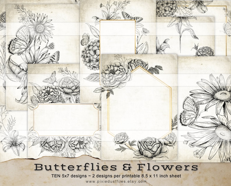 May include: A collection of ten 5x7 inch printable designs featuring detailed black and white illustrations of butterflies and flowers. The designs include various floral arrangements, butterflies, and decorative frames on a vintage paper background.