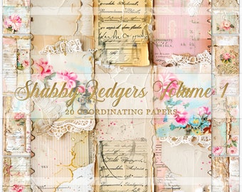 Shabby Ledgers, druckbare Junk-Journal-Seiten, antike digitale Ephemera, Scrapbook-Papier, Collageblätter, faltbare Journal-Seite, rosa Blumen