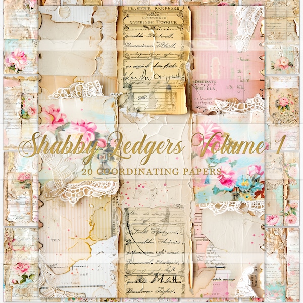 Shabby Ledgers, printable junk journal pages, antique digital ephemera, scrapbook paper, collage sheets, foldable journal page, pink florals