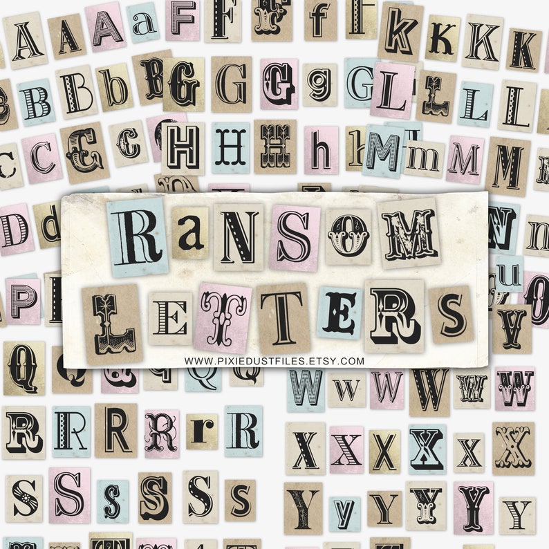 May include: A set of vintage alphabet letter stickers in various colours and fonts. The letters are printed on paper and have a distressed look. The letters are arranged in alphabetical order and include the words "Ransom Letters".