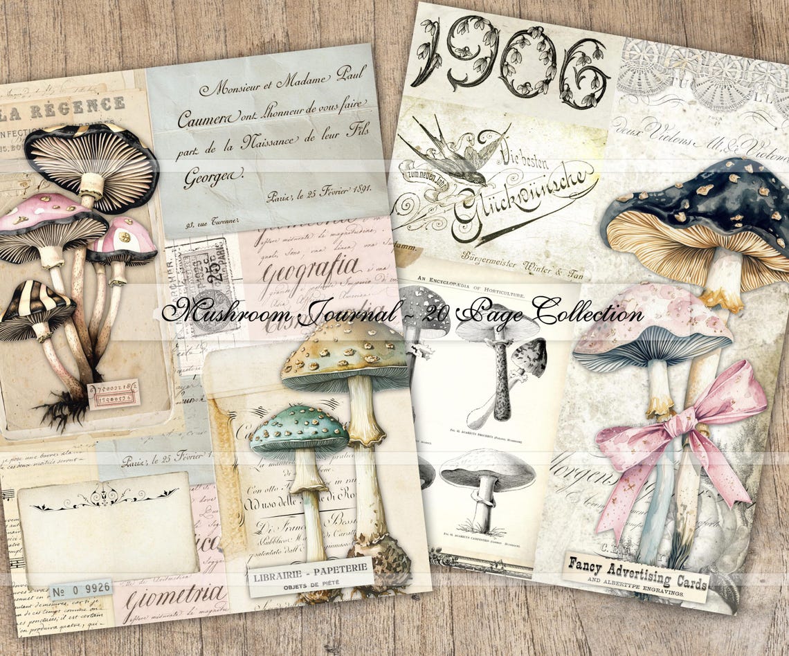 Mushrooms Junk Journal Kit, Printable Pages, Vintage Mushroom Ephemera ...