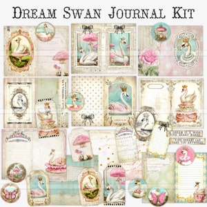 Kit Dream Swan Junk Journal, carta da stampa a forma di cigno, download digitale, effimere, pagine pieghevoli, cigno vintage, funghi, clip art, etichette a forma di cigno