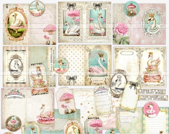 Kit de diário de lixo Dream Swan, papéis de cisne para impressão, download digital, itens efêmeros, páginas dobráveis, cisne vintage, cogumelos, clip art, etiquetas de cisne