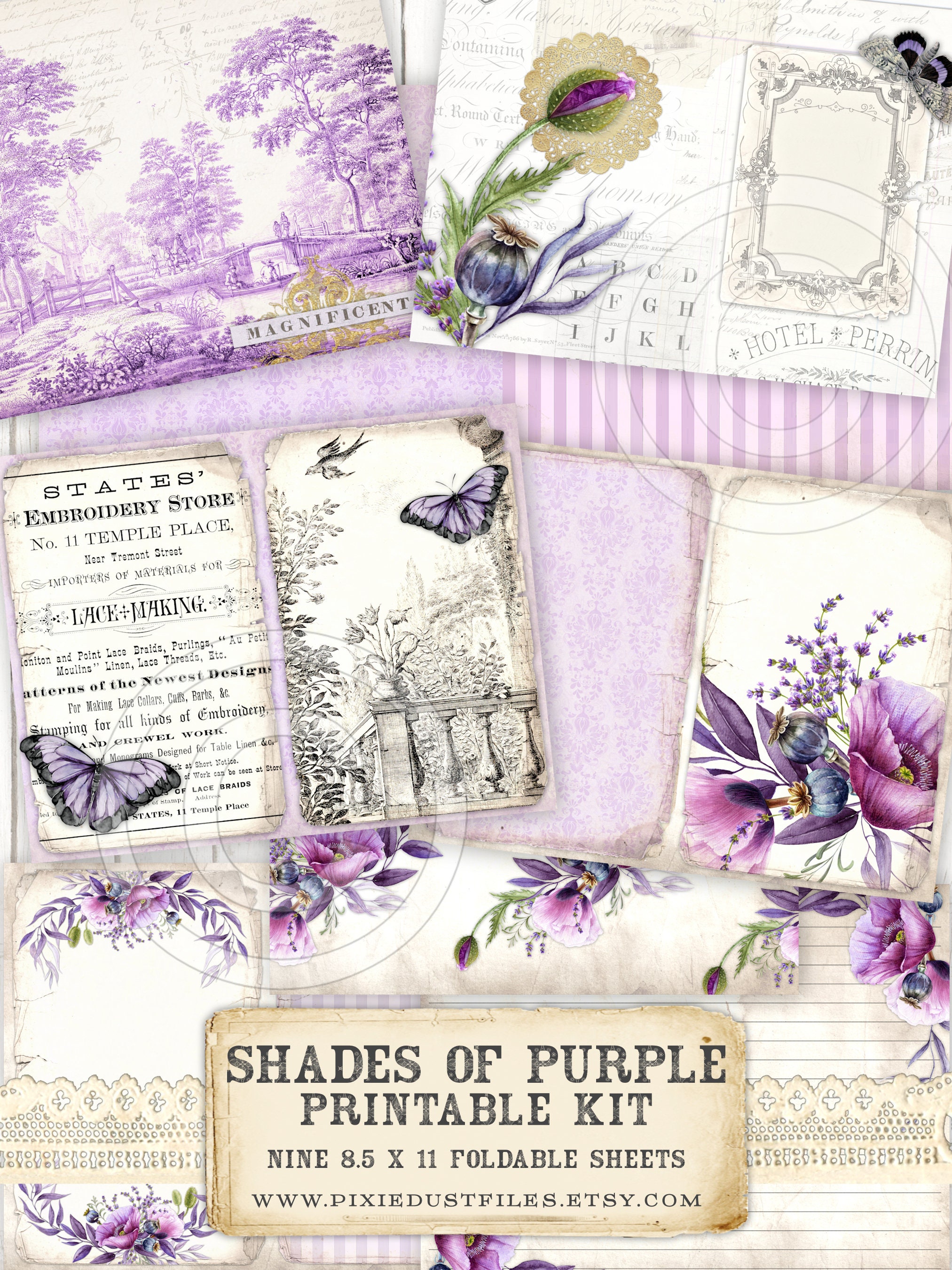 Junk Journal Kit Purple Printable Papers Pages Ephemera - Etsy