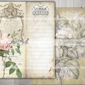 Op de afbeelding: Een printbare journalpagina met een vintage bloemenontwerp met een roze roos en groene bladeren. De pagina heeft een gelinieerd gedeelte met de tekst "La Belle France" bovenaan en de tekst "20 printbare pagina's" onderaan.