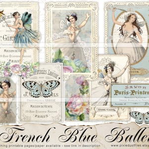 Blue Junk journal printable éphémère, tags, cartes de journalisation, Français Blue Ballet, kit de journal indésirable, téléchargement numérique, papiers, feuilles de collage