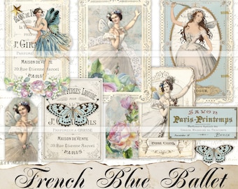 Blue Junk journal printable ephemera, tags, journaling cards, French Blue Ballet, junk journal kit, digital download, papers, collage sheets
