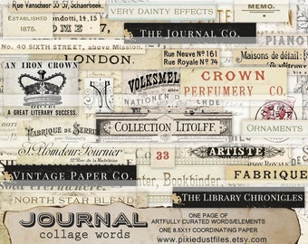 junk journal kit labels woorden en cijfers afdrukbaar vintage papier kortstondig digitaal collagevel junk journal benodigdheden ambachten papier tags