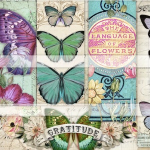 May include: A digital collage featuring butterflies, flowers, and the text "The Language of Flowers" and "Gratitude". The collage has a vintage aesthetic with a light blue, pink, and green color scheme.