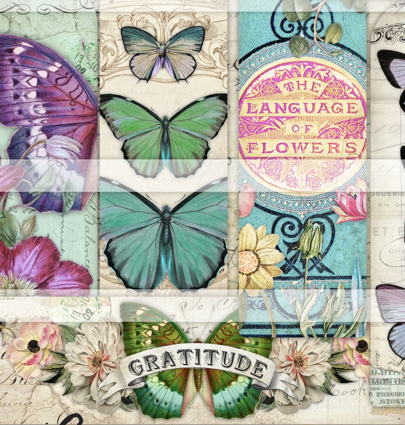 May include: A digital collage featuring butterflies, flowers, and the text "The Language of Flowers" and "Gratitude". The collage has a vintage aesthetic with a light blue, pink, and green color scheme.