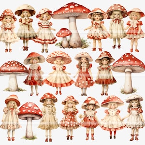Paddenstoel Pixies afdrukbare papieren poppen, ongewenste dagboek digitale efemere verschijnselen, vintage kinderen, paddestoel clipart, rood en wit, plakboekpapier