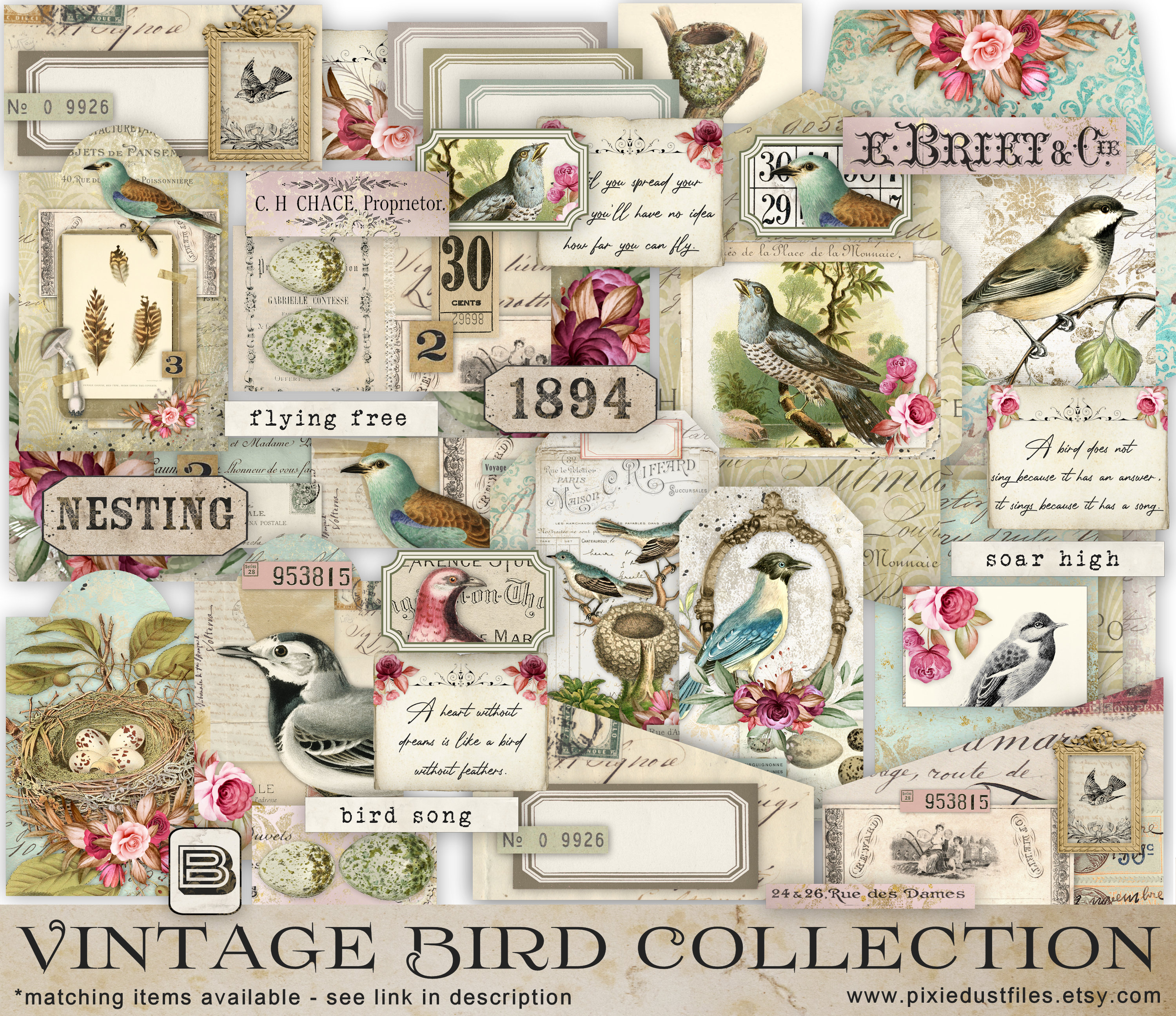 Bird junk journal printable kit, vintage bird nest images, digital download, collage sheet, journaling tags, pockets, paper kit, ephemera vb
