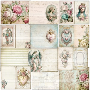 May include: A digital collage sheet with a vintage aesthetic featuring images of angels, hearts, crosses, roses, and text. The sheet is designed for scrapbooking, card making, and other paper crafts.