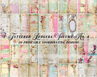 Printable Tattered Antique Ledger Papers, pink junk journal pages, landscape orientation paper, digital download, vintage invoices, ephemera