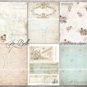 Op de afbeelding: Een set van 20 afdrukbare digitale papierpagina's met vintage ontwerpen, handschriftlijke tekst en Frans-ge&iuml;nspireerde elementen. De pagina's zijn in tinten roze, blauw en beige.