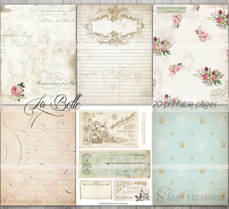Op de afbeelding: Een set van 20 afdrukbare digitale papierpagina's met vintage ontwerpen, handschriftlijke tekst en Frans-ge&iuml;nspireerde elementen. De pagina's zijn in tinten roze, blauw en beige.