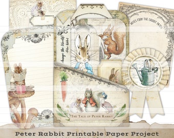 Peter Rabbit Printable Pocket mit Anhängern Vintage Bilder Junk Journal Zubehör Papier Bastelbogen Collage Sheets Beatrix Potter Theme Journal