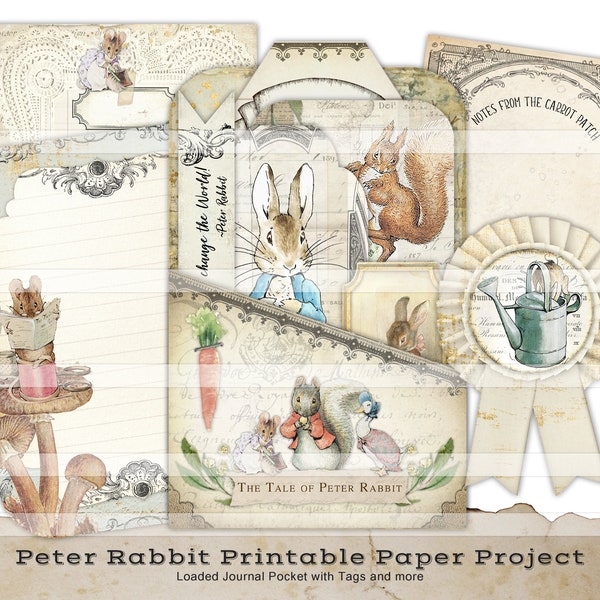 Peter Rabbit Poche imprimable avec des étiquettes vintage Images Junk Journal Supplies Paper Craft Kit collage feuilles Beatrix Potter Theme Journal