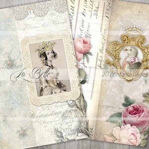 Op de afbeelding: Een collage in vintage stijl met een portret van een vrouw die een kroon draagt, een bloemenontwerp met rozen en een decoratief frame met een vogel. De tekst "La Belle" en "20 printbare pagina's" is ook inbegrepen.