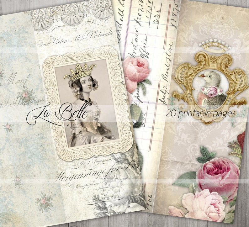 Op de afbeelding: Een collage in vintage stijl met een portret van een vrouw die een kroon draagt, een bloemenontwerp met rozen en een decoratief frame met een vogel. De tekst "La Belle" en "20 printbare pagina's" is ook inbegrepen.