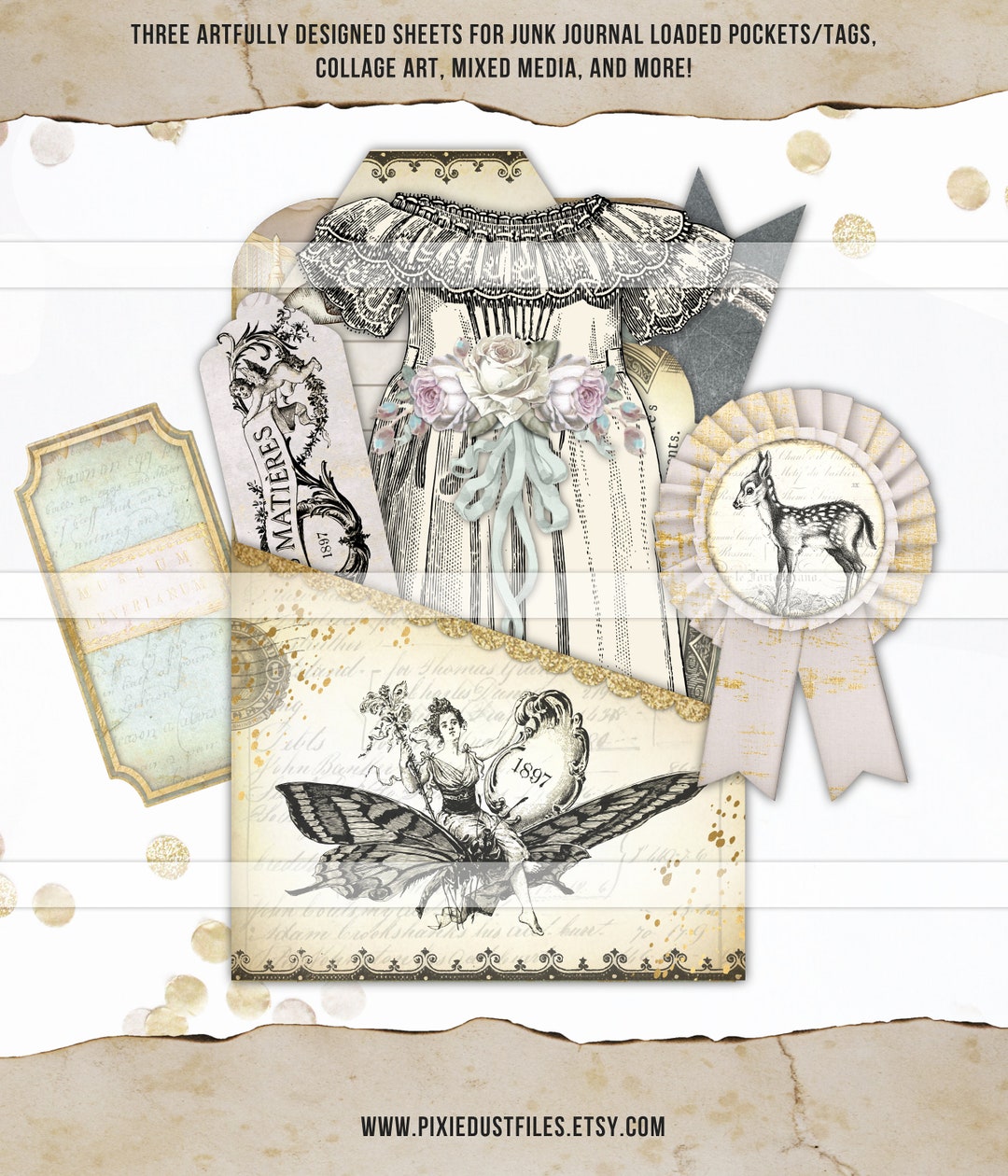 Printable Junk Journal Ephemera Pocket and Tags Paper Doll Dress Fairy ...