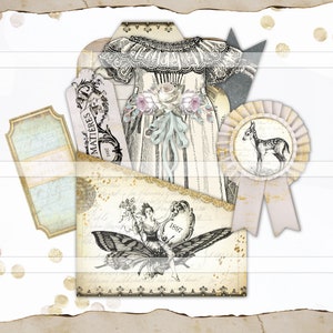 Printable Junk Journal Ephemera pocket and tags paper doll dress fairy butterfly theme digital collage sheet vintage paper Journaling cards