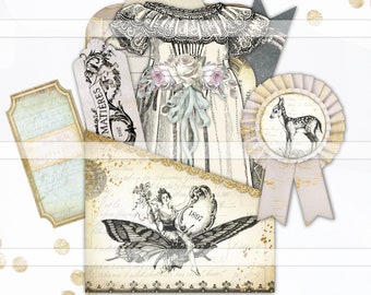 Printable Junk Journal Ephemera pocket and tags paper doll dress fairy butterfly theme digital collage sheet vintage paper Journaling cards