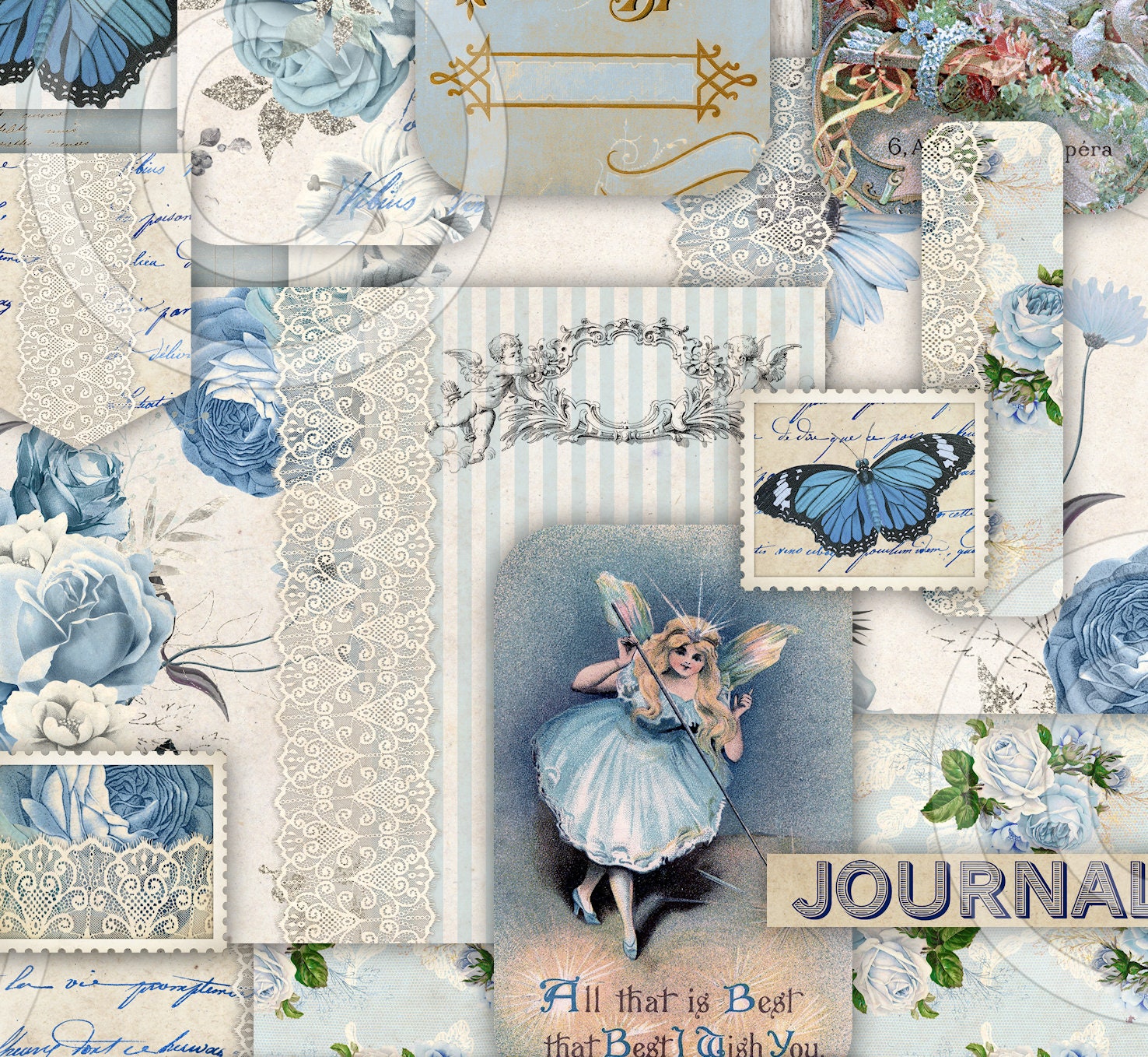 Aqua Blue Junk Journal Pages, Blank Scrapbook Kit, Vintage Light Antiq By  DigitalPrintableMe