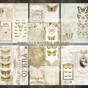 Kit de diario basura imprimible, páginas altas y delgadas, diario de mariposas vintage, etiquetas, portada, papel digital, diario alto y delgado, efímera