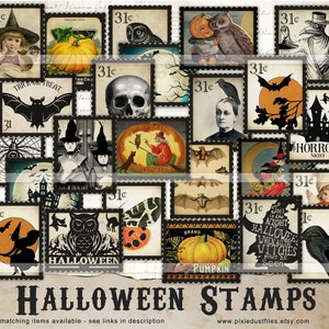 Sellos postales falsos imprimibles de Halloween, kit digital de diario basura, paquete efímero vintage, scrapbooking, hoja de collage, brujas, búhos, murciélagos