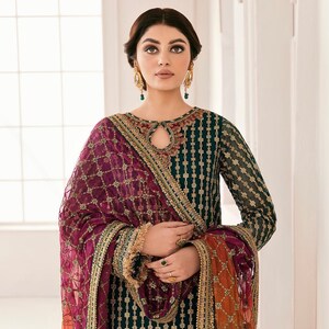 Embroidered Chiffon Pakistani Suit, Green Magenta, Silk Pajama image 1