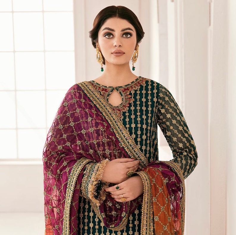 Embroidered Chiffon Pakistani Suit, Green Magenta, Silk Pajama image 1