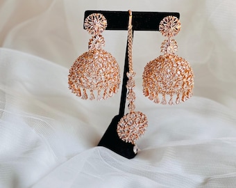 Malika Jaan Jhumka Maang Tika Set, Rose Gold Cubic Zirconia Wedding Jewelry