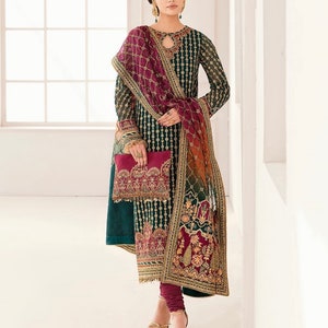 Embroidered Chiffon Pakistani Suit, Green Magenta, Silk Pajama image 2