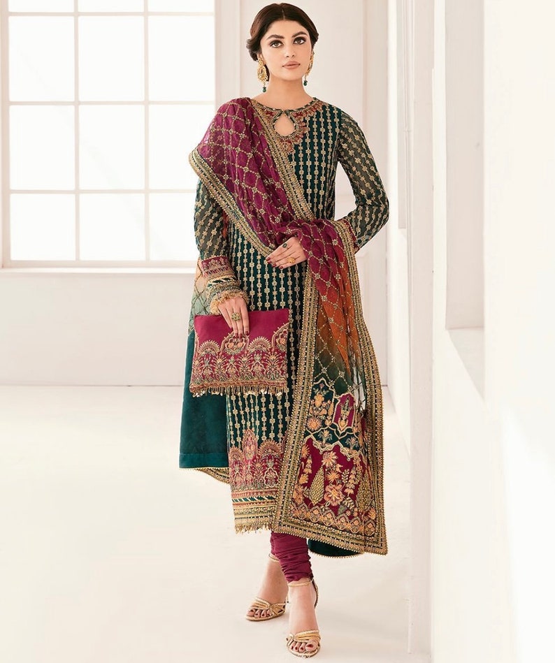 Embroidered Chiffon Pakistani Suit, Green Magenta, Silk Pajama image 2